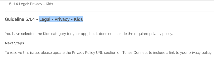 [iOSアプリ]5.1.4 - Legal - Privacy - Kidsリジェクト時の対処法